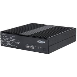 Ein schwarzer Netzwerkrekorder von Dahua mit geripptem Design auf der Oberseite, zwei USB-Anschlüssen und mehreren Anzeigeleuchten auf der Vorderseite.