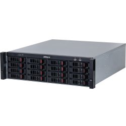 Ein silbernes Servergehäuse von Dahua mit mehreren Festplattenschächten und zwei USB-Anschlüssen auf der Vorderseite.