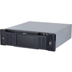 Ein graues Rackmount-Server-Gehäuse mit einem schwarzen Frontpanel, das einen kleinen Bildschirm und mehrere Anschlüsse sowie Lüftungsschlitze und ein Schloss enthält.