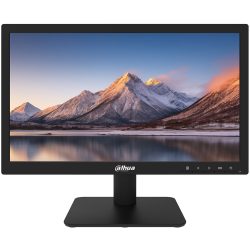 Ein schwarzer Computermonitor der Marke Dahua zeigt ein Bild von schneebedeckten Bergen und einem ruhigen See bei Sonnenuntergang.