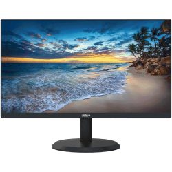 Ein Computerbildschirm der Marke Dahua zeigt ein lebendiges Strandbild mit Palmen und einem Sonnenuntergang.