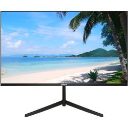 Ein Monitor zeigt ein tropisches Strandbild mit weißem Sand, Palmen und klarem blauen Wasser unter einem sonnigen Himmel.