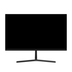 Ein moderner, schwarzer Computermonitor mit schlankem Rahmen und einem flachen Standfuß.
