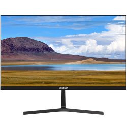 Flachbildschirm-Monitor von Dahua mit schmalem Rand, der eine Landschaft mit einem Berg, einem See und blauem Himmel anzeigt.