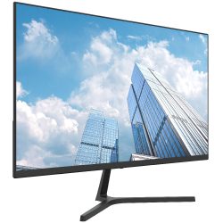 Ein Computer-Monitor zeigt ein Bild von modernen Glas-Wolkenkratzern unter einem blauen, leicht bewölkten Himmel.