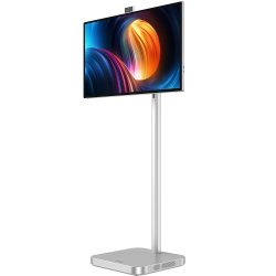 Ein moderner Bildschirm auf einem schlanken, silbernen Standfuß mit einem lebhaften, abstrakten Farbmuster auf dem Display.