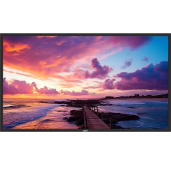 Ein atemberaubender Sonnenuntergang über dem Meer mit einem Steg, der in Richtung Horizont führt, und lebhaften Farben am Himmel, dargestellt auf einem Display von Dahua.
