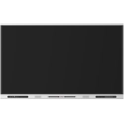 Ein großes, modernes interaktives Whiteboard oder Display mit einem dunklen Bildschirm, silbernem Rahmen und Bedienelementen an der Unterseite.