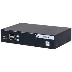 Ein schwarzer Dahua Netzwerk-Video-Recorder mit zwei USB-Anschlüssen, einem Power- und einem Systemlicht auf der Vorderseite.
