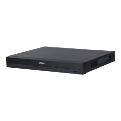 Ein schwarzer Digitalvideorekorder (DVR) von Dahua mit einem flachen Design und seitlichen Lüftungsschlitzen, platziert auf einem weißen Hintergrund.