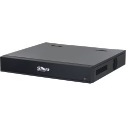 Ein schwarzer Dahua Technologie-Videorecorder mit eckigem Design und Lüftungsschlitzen an den Seiten.