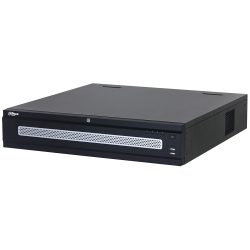 Schwarzes elektronisches Gerät in rechteckiger Form mit einer perforierten Frontabdeckung und mehreren Anschlüssen, vermutlich ein Netzwerkrekorder.