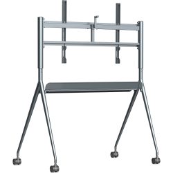 Stabiler, fahrbarer TV-Ständer aus Metall mit höhenverstellbarer Halterung und vier Rollen.