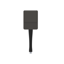 Ein schwarzes Ladegerät mit rechteckigem Gehäuse und USB-Kabel.
