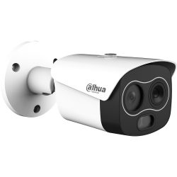 Weiße Sicherheitssurveillance-Kamera von Dahua Technologies mit zwei Linsen und einer markanten, abgerundeten Abdeckung, die an einer Wandhalterung montiert ist.