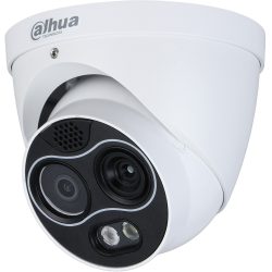 Nahaufnahme einer weißen Überwachungskamera von Dahua Technology mit mehreren Linsen und LEDs.