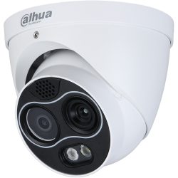 Eine weiße Dome-Überwachungskamera von Dahua Technology mit mehreren Linsen und Sensoren in einem kompakten Gehäuse.
