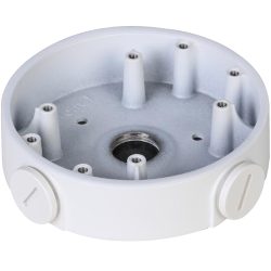 Runder, weißer Montageadapter mit mehreren Befestigungspunkten und verschraubten Seitenöffnungen.