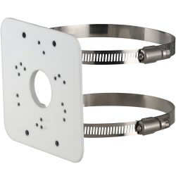 Weiße Montageplatte mit mehreren Löchern, versehen mit zwei Metallschellen zur Befestigung.