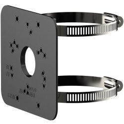 Ein schwarzes Metall-Montageelement mit einem zentralen Loch und mehreren kleineren Bohrungen, befestigt mit einem silbernen Schlauchschellenband.