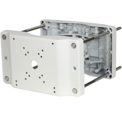 Weiße rechteckige Montagehalterung mit Metallstreben, mehreren Montagepunkten und einer zentralen Öffnung für Kabel oder Befestigungen.