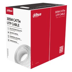 Verpackung einer 305 Meter langen CAT5e UTP-Kabelspule von Dahua Technology, ideal für Netzwerk-Installationen, mit Garantie und umweltfreundlichen Materialien.