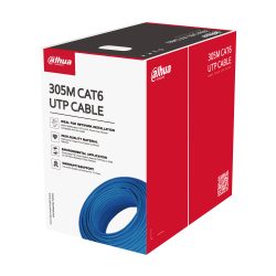 Verpackung einer 305-Meter-Rolle Cat6 UTP-Kabel der Marke Dahua in Blau, ideal für Netzwerkinstallationen, mit Angaben zu Materialien und Garantie.