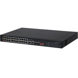 Ein 24-Port PoE-Switch in schwarzem Gehäuse mit mehreren Ethernet-Anschlüssen und LED-Anzeigen auf der Frontseite.