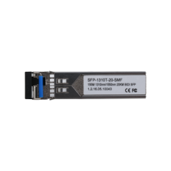 Ein SFP-Modul mit der Aufschrift "SFP-1310T-20-SMF," geeignet für 20 km Entfernung und 155M 1310nm/1550nm BIDI SFP.