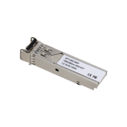 Ein SFP-Modul in Silber, gekennzeichnet mit den Spezifikationen "SFR 850-MMF 1.25G 850nm 2M SFP 1.2.18.04.10050", einschließlich CE- und FCC-Zertifizierungen.