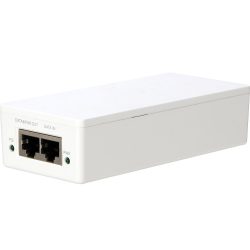 Ein weißer Power-over-Ethernet-Injektor mit zwei Ethernet-Ports, beschriftet als "DATA & PWR OUT" und "DATA IN", sowie zwei Status-LEDs für Stromversorgung und Verbindung.