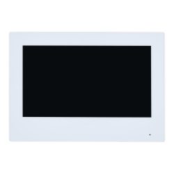 Weißer digitaler Bilderrahmen mit schwarzem Display vor weißem Hintergrund.