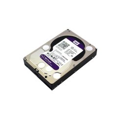 Eine interne Festplatte von WD Purple mit Etikett und Anschlüssen, geeignet für Überwachungssysteme.