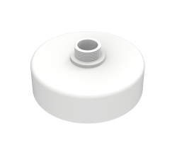 Ein weißer, zylindrischer Adapter mit einem zentralen Gewindeanschluss für eine Rohrverbindung.