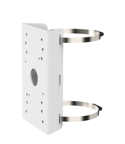 Eine weiße Wandhalterung mit mehreren Schraublöchern und zwei beigen Metallbändern.
