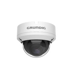 Weiße Überwachungskamera von Grundig in einer kuppelförmigen Gehäuse.