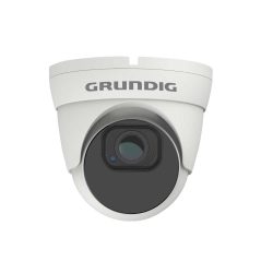 Eine weiße Überwachungskamera der Marke Grundig mit einem kompakten, abgerundeten Design und einem zentralen Objektiv.
