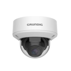 Weiße Kuppel-Sicherheitskamera der Marke Grundig mit sichtbarem Objektiv im Inneren.