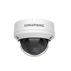 Weißer Grundig Dome-Überwachungskamera mit kugelförmiger Linse und Markennamen auf der Oberseite.