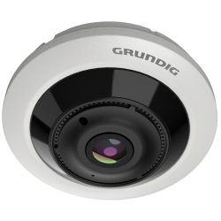 Nahaufnahme einer weißen Überwachungskamera der Marke Grundig mit einer zentralen Linse und schwarzem Rand.