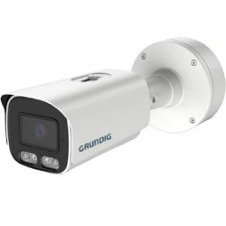 Eine weiße Überwachungskamera der Marke Grundig in zylindrischer Form mit montierbarer Halterung.