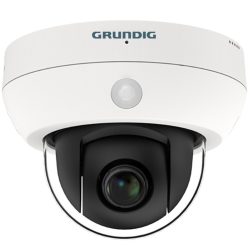 Weiß-schwarze Überwachungskamera von Grundig, die an der Decke montiert werden kann.