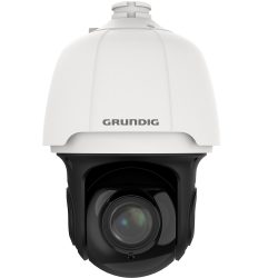 Weiße Überwachungskamera von Grundig mit großem, schwarzen Objektivbereich.