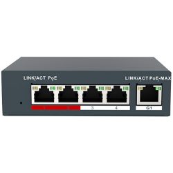 Kompakter Netzwerk-Switch mit fünf Ethernet-Ports auf der Vorderseite, darunter vier PoE-Ports und ein G1-Port, gekennzeichnet mit Link- und Aktivitätsstatusanzeigen.
