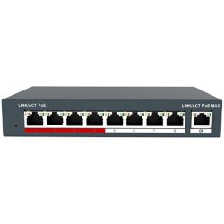 Ein Netzwerk-Switch mit acht Ethernet-Ports und einer PoE-Anzeige über jedem Port, einschließlich eines beschrifteten G1-Ports am rechten Ende.