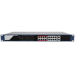 Ein Netzwerk-Switch im Rack-Mount-Format mit mehreren Ethernet-Ports und mehreren kleinen quadratischen Ports, wahrscheinlich für Glasfaser, auf der Vorderseite.