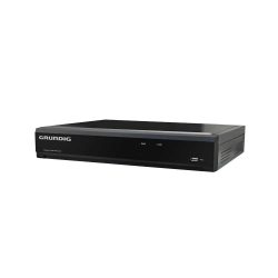 Schwarzer Grundig Netzwerk-Video-Rekorder mit USB-Anschluss und leuchtenden LED-Anzeigen für Power und HDD.