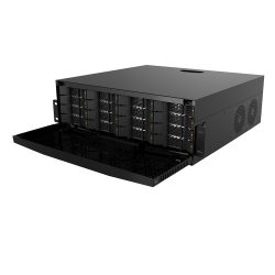 Ein schwarzer Server mit mehreren Laufwerksschächten und einer geöffneten Frontabdeckung, erkennbar an der Reihenanordnung von Festplatteneinschüben und Lüfteröffnungen seitlich.