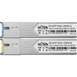 Zwei Wi-Tek SFP-Module mit der Bezeichnung WI-SFP10SC-20KM-A und WI-SFP10SC-20KM-B, ausgelegt für 20 km Reichweite mit SC-Anschluss; die Module sind in einem silbernen Gehäuse mit jeweils einem farbcodierten Hebel in Blau und Gelb ausgestattet.