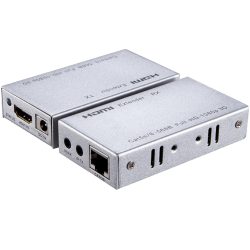 Silberne HDMI-Extender-Geräte, bestehend aus einem Sender (TX) und einem Empfänger (RX), jeweils mit Ports für HDMI, Cat5e/6-Kabel und Infrarotschnittstellen, geeignet für Full HD 1080p Übertragung.